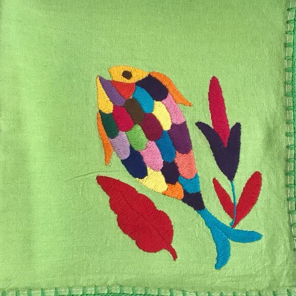 Otomi Napkins 4 Hand Embroidered Set Tenangos Green Deer Mermaid Duck & Fish - Picture 10 of 11